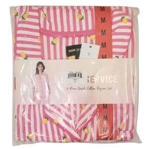 Room Service Pajama Set Women Pink (Lemon Stripe) Notch Collar NWT